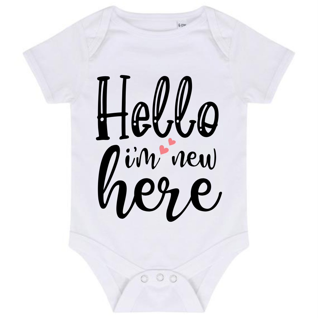 “HELLO I’M NEW HERE” BABY VEST BODYSUIT