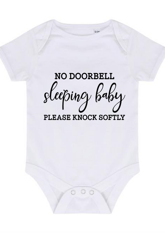 “NO DOORBELL SLEEPING BABY PLEASE KNOCK SOFTLY” BABY VEST BODYSUIT