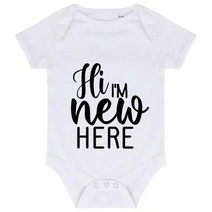 “HI I’M NEW HERE’ BABY VEST BODYSUIT