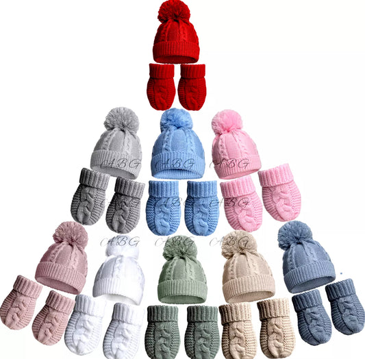 Baby Winter Pom Pom Hat & Mittens Set Boy Girl Unisex Cable Knit Zero NEWBORN-24M