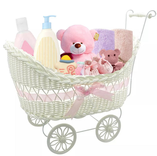 LARGE Unisex baby shower Pram Basket Wicker Hamper Newborn Party Gift Christmas